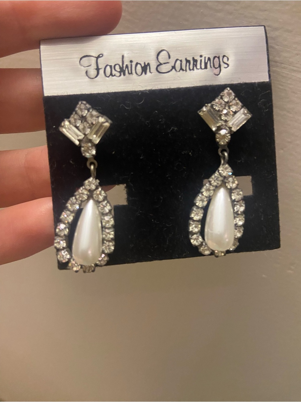 Silver-Tone Teardrop Pearl Crystal Drop Earrings